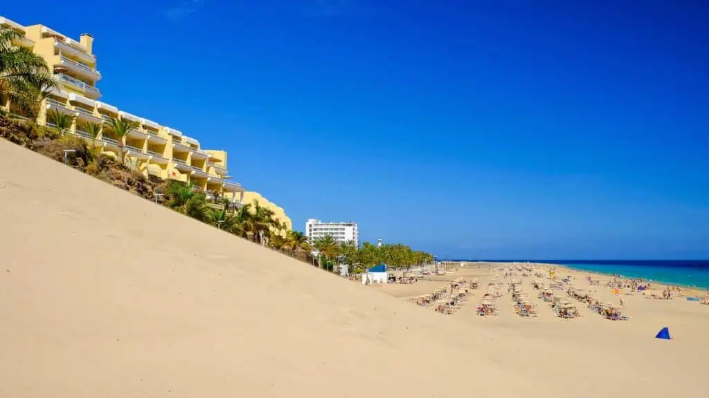 Beach Playa de Morro Jable Fuerteventura showing the fine sand and blue sea