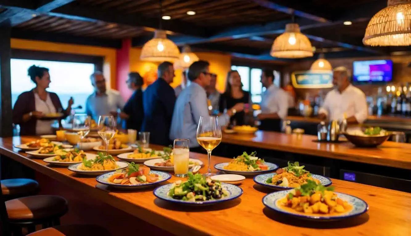 A bustling tapas bar in Fuerteventura, with colorful plates of small dishes, lively conversation, and a warm, inviting atmosphere