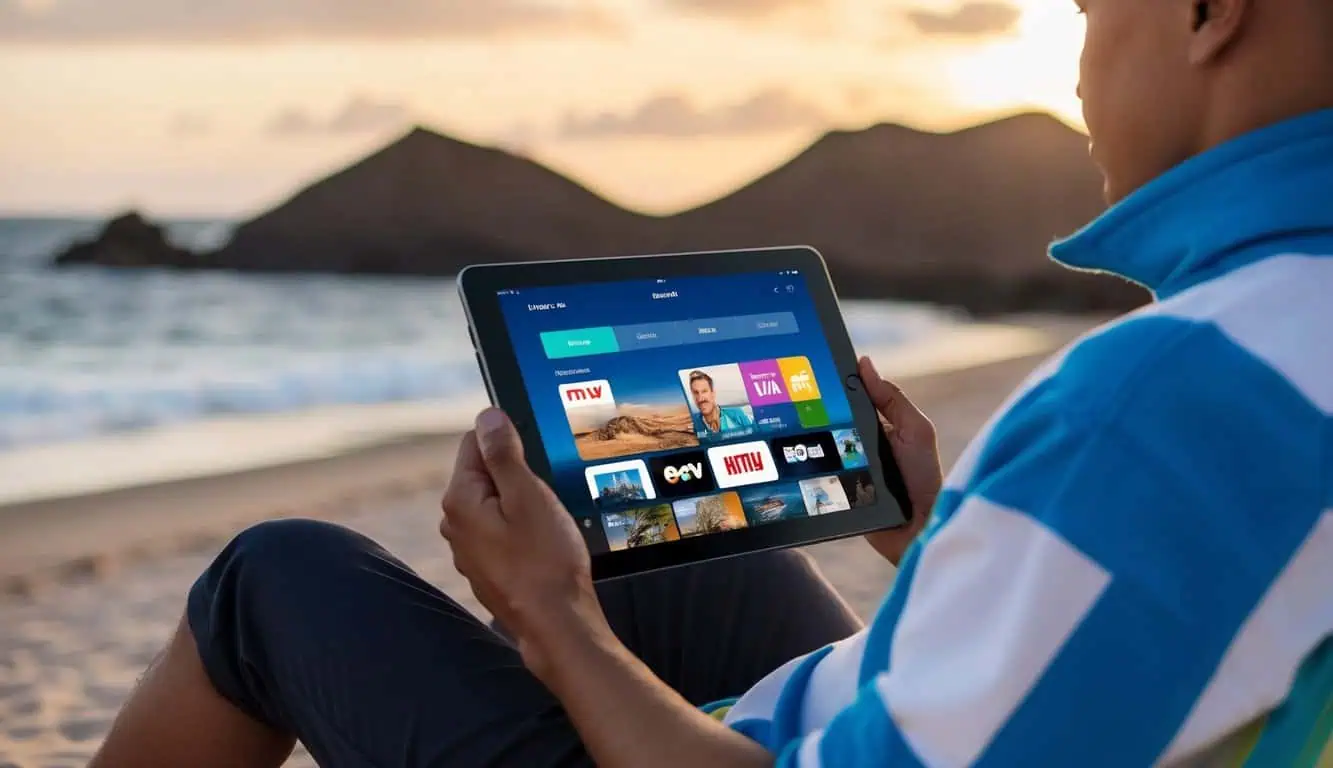 A person sitting on a beach in Fuerteventura, holding a tablet with a streaming app open, watching UK TV