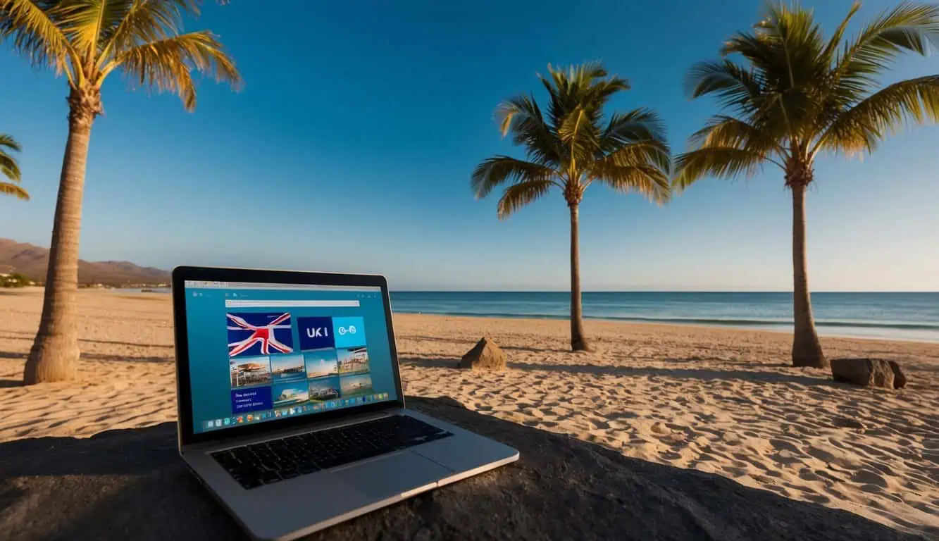 A sunny beach in Fuerteventura with a laptop streaming UK television, surrounded by palm trees and a clear blue sky