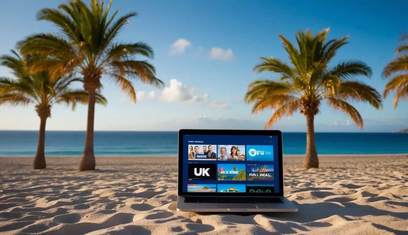 A sunny beach with a laptop streaming UK TV shows, surrounded by palm trees and a clear blue sky in Fuerteventura